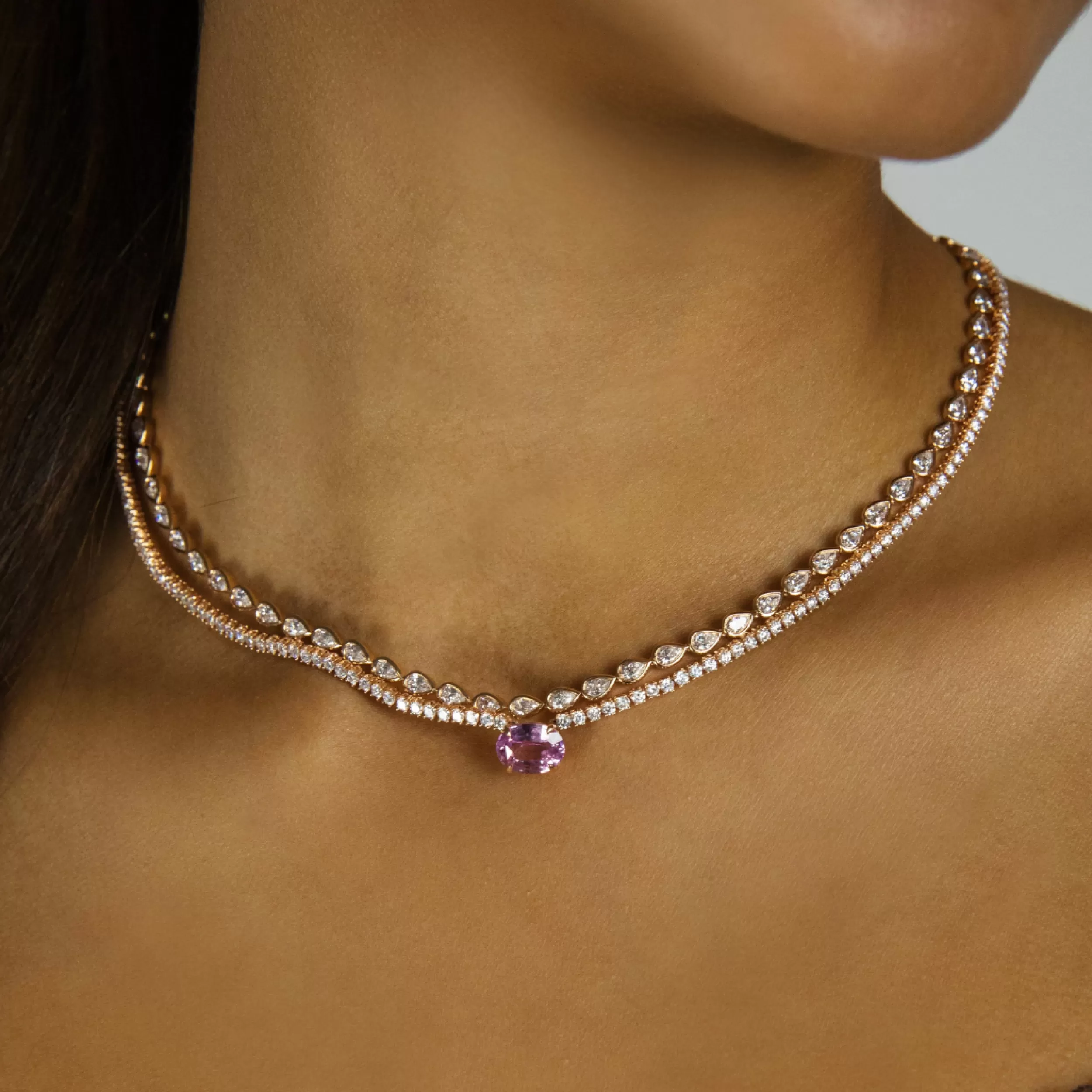 Anita Ko One Of A Kind^DIAMOND HEPBURN CHOKER WITH OVAL SHAPED PINK SAPPHIRE