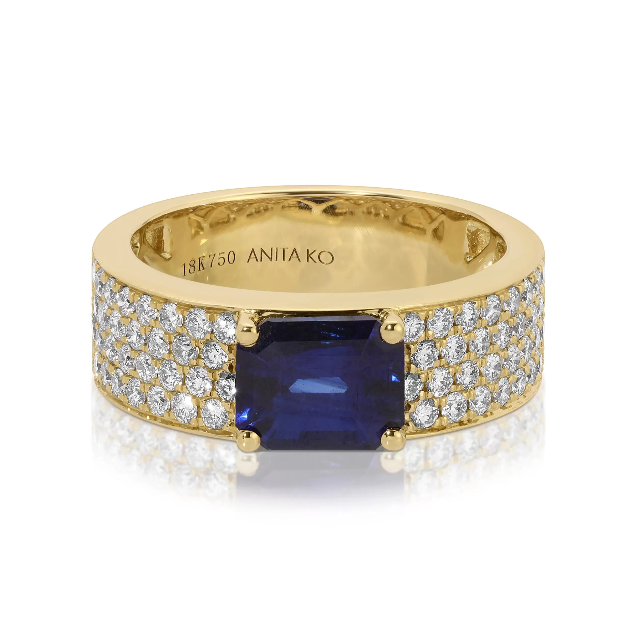 Anita Ko One Of A Kind^WIDE DIAMOND BAND WITH EMERALD CUT BLUE SAPPHIRE CENTER